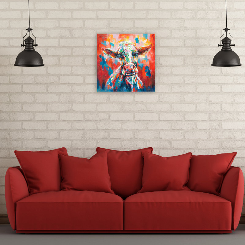 Vache colorée - peinture sur toile tendue, H 20 po x l 20 po x 1,5 po