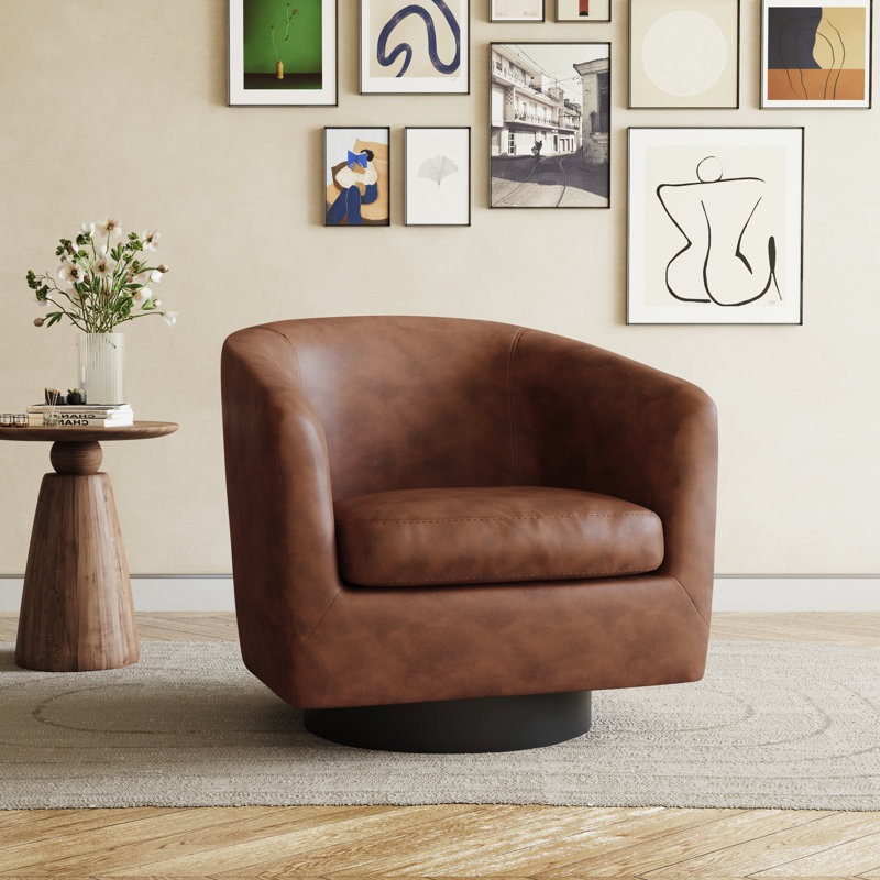Bennett 79Cm Wide Swivel Barrel Chair, Coffee Faux Leather