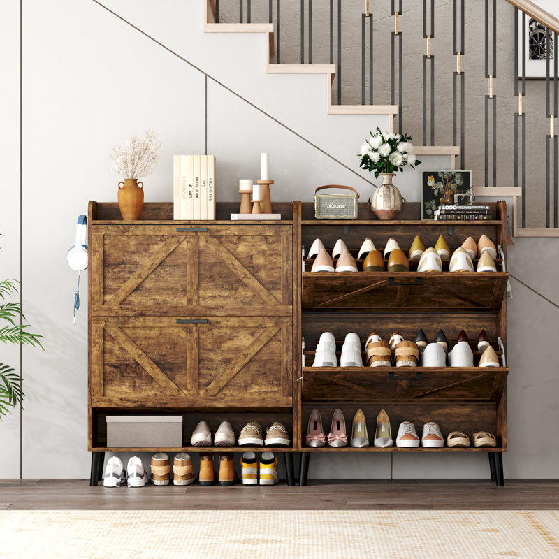 24 Pair Shoe Storage Cabinet,Free Standing Tipping Bucket Shoe Rack Organizer with 2 Flip Drawers, Rustic Brown