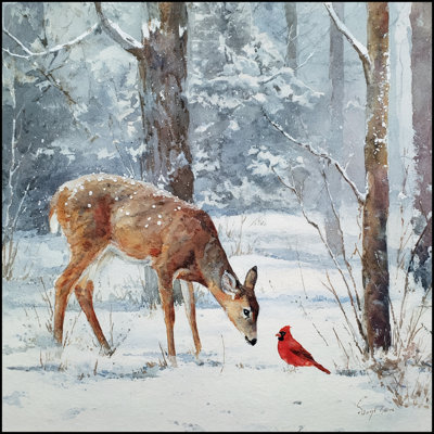 Deer Meets Cardinal in Snowy Woods Wrapped Canvas Wall Art