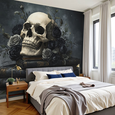 Peel and Stick Wallpaper 96" W x 69" H Modern Self Adhesive Wall Mural for Bedroom Gothic Skull Black Roses Antique Books Dark Aesthetic Vintage Flowers