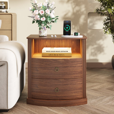 2 - Drawer Curved Nightstand With USB & Type-C Ports And Led Lighting, Storage Cabinet For Bedroom Or Living Room by Ivy Bronx