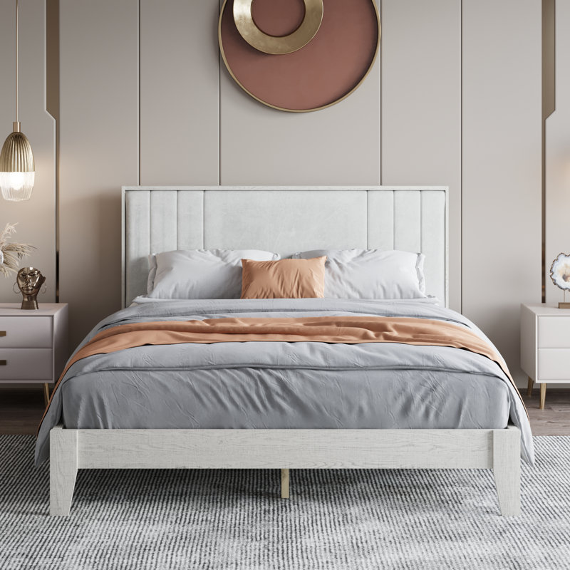 Queen Size Wood Bed Frame with Velvet Upholstered Headboard
