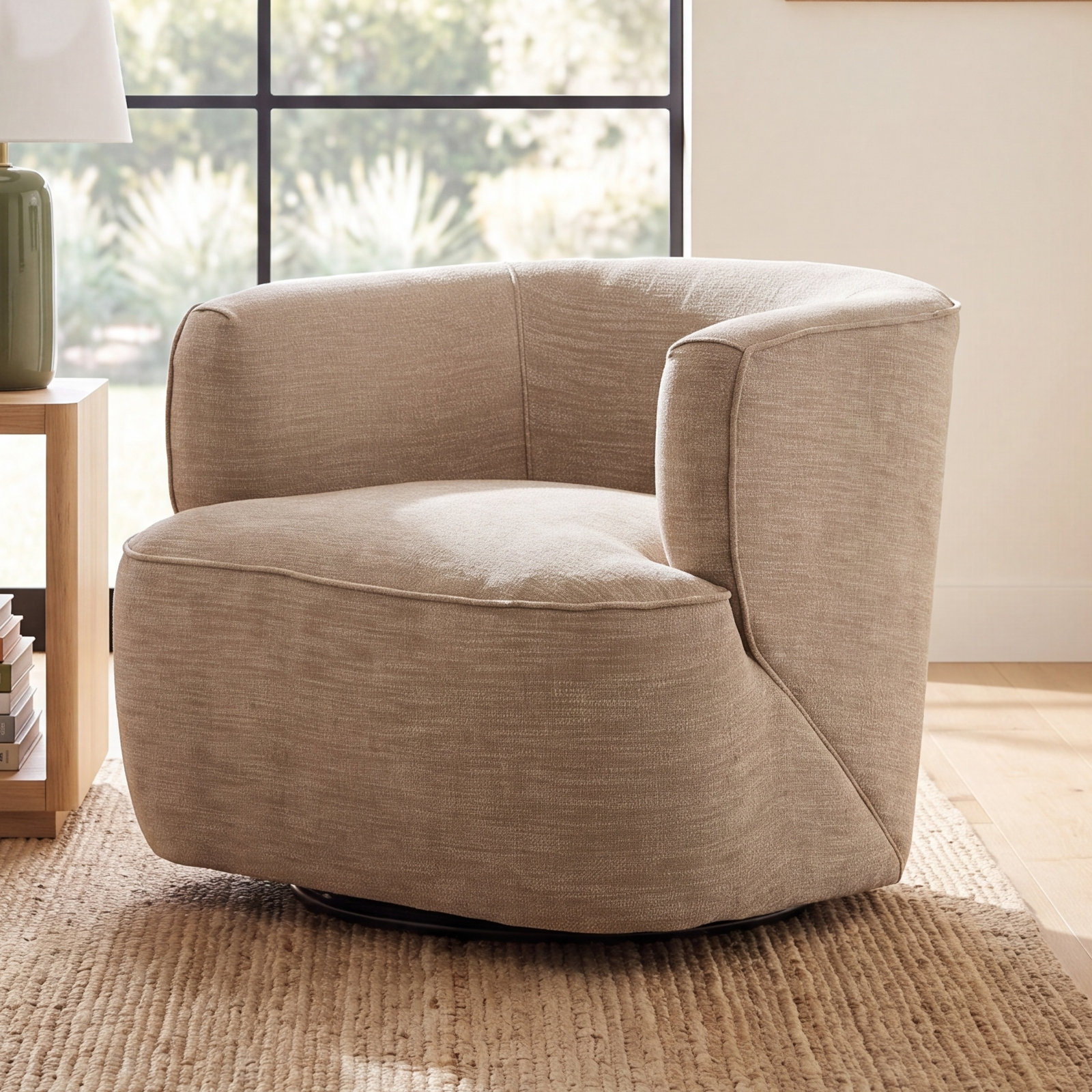 Bronte Pine Swivel Barrel Chair, Comal Azure Performance Textured Weave