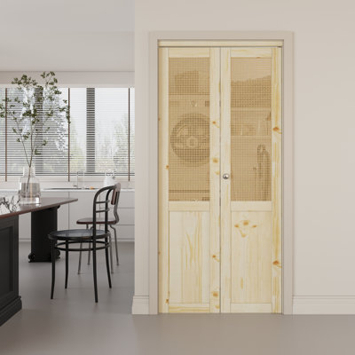 Porte pliante en bois non fini lambrissé et imitation rotin tissé à la main avec quincaillerie