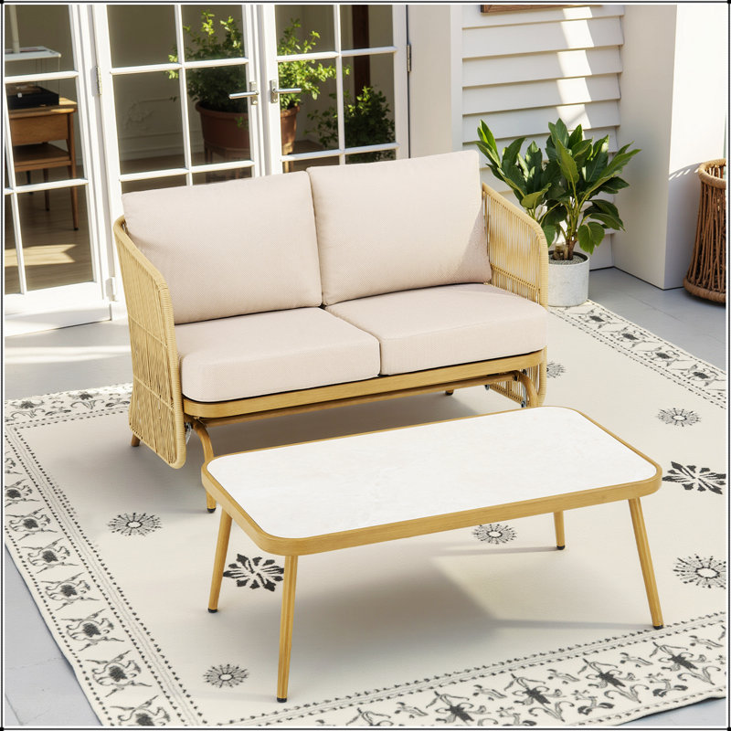 Causeuse coulissante en rotin PE pour 2 personnes avec table basse, ensemble de canapé d'extérieur avec coussins confortables (résistant aux intempéries)