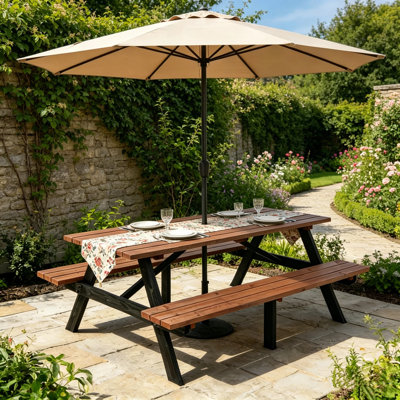 75" Solid Wood Picnic Table Set Outdoor Patio Dining with Umbrella Hole