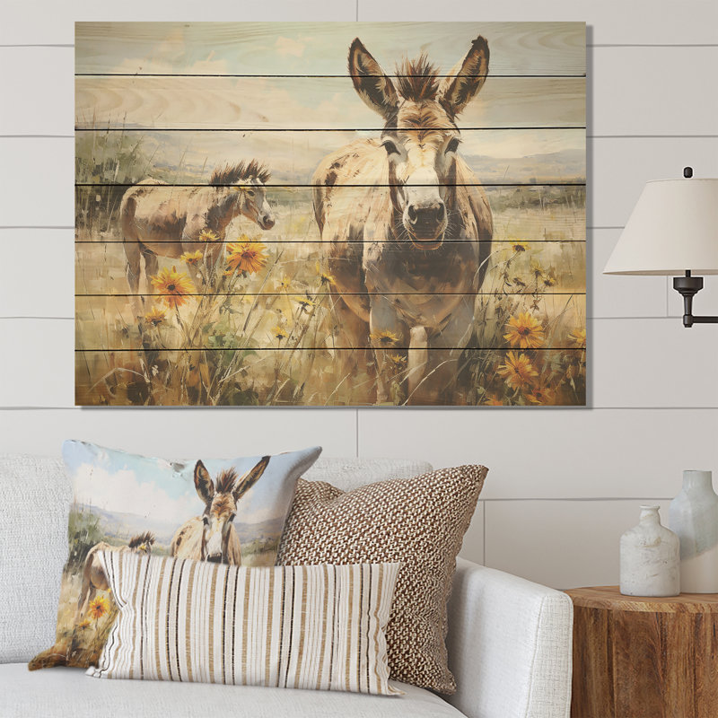 «Donkey Flower Meadow Landscape I» - impression d'âne sur bois, H 24 po x l 32 po