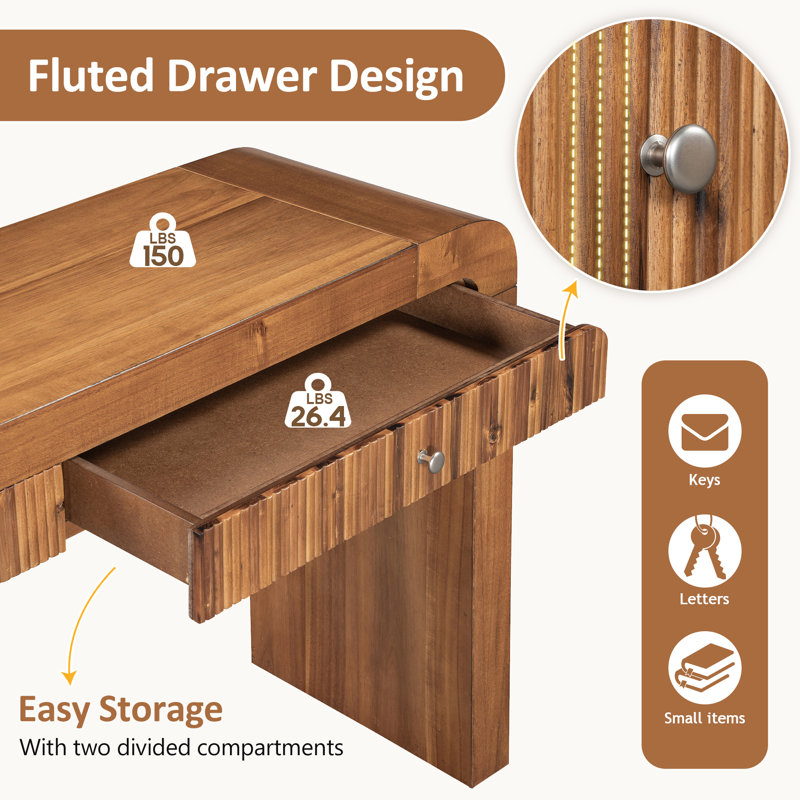 Floret 54.3" Fluted Design Console Table With Curved Edge, Brown