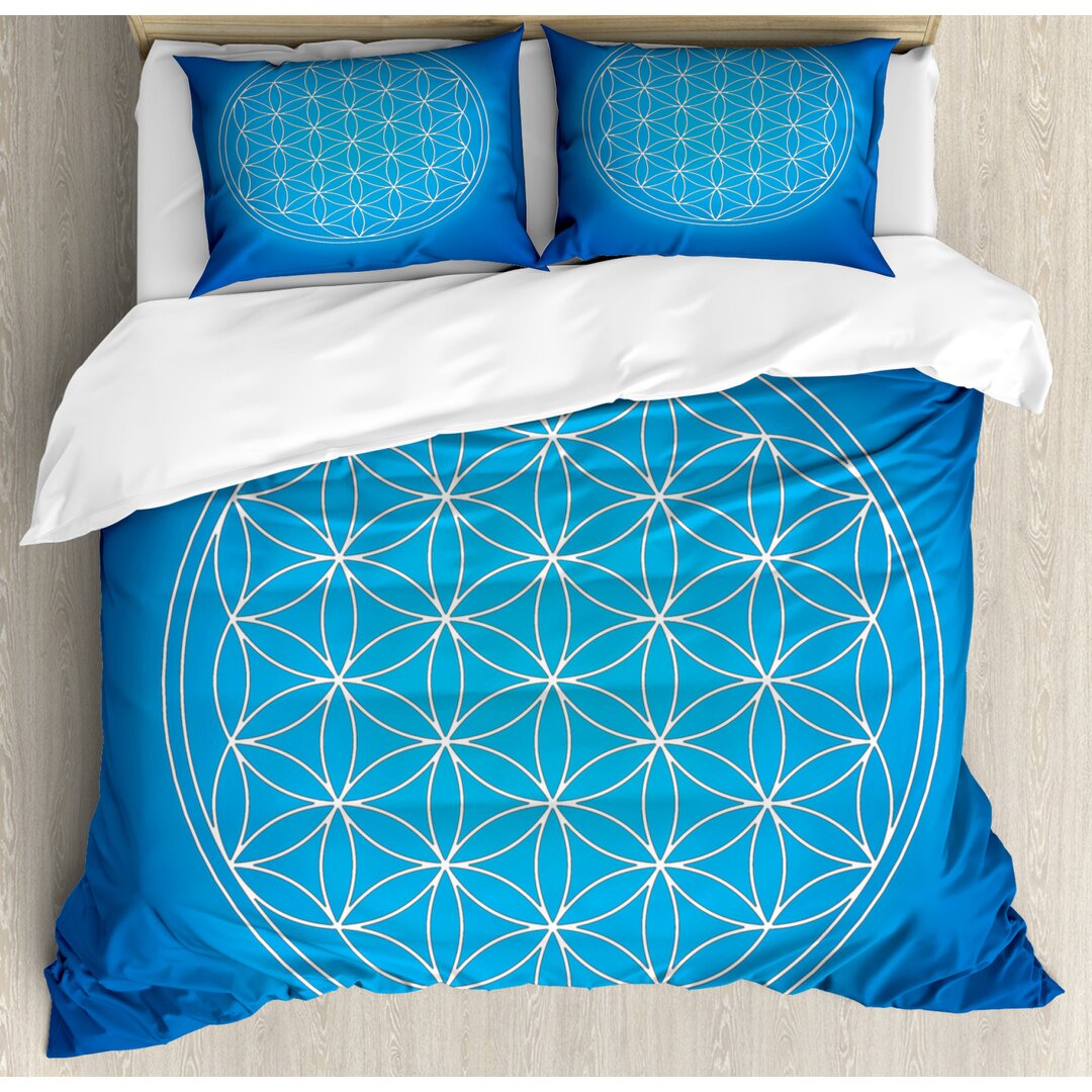 Bettbezug Set, Flower of Life Grid, Blau, Blau Weiss