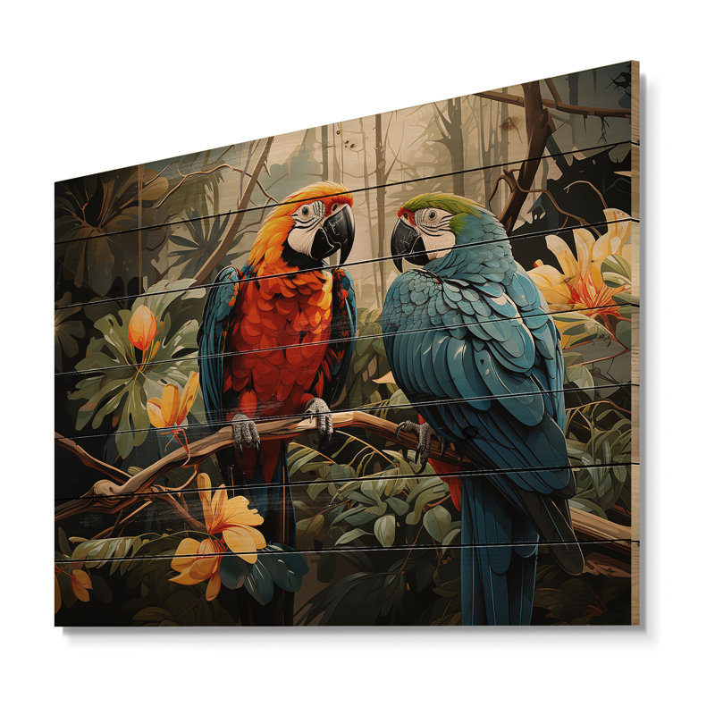 Perroquet tropical plumage I - impression sur bois sans cadre, H 24 po x l 32 po x P 0,78 po
