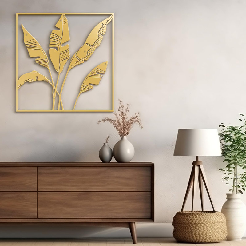 Banana Leaves Minimalist Modern Abstract Wall Accent Sculpture Hanging Decoration Metal Wall Decor, Gold