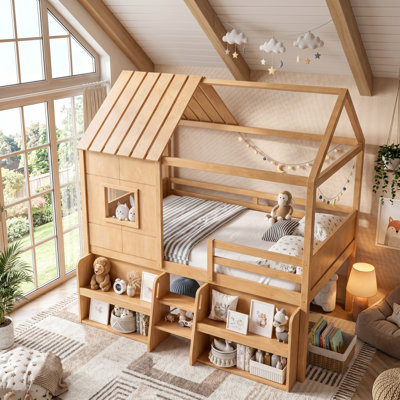 AVELOR Playhouse Loft Bed with Storage Stairs, Fun Kids Bed with Slat Support, No Box Spring Needed