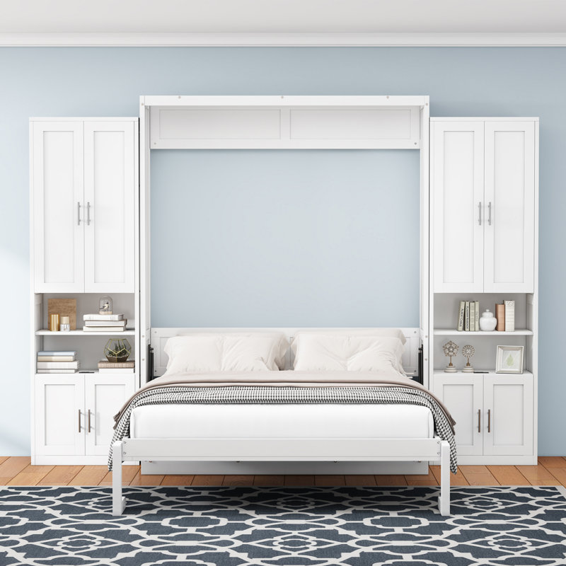  Grand lit escamotable, ensemble de bureau, 2 tablettes latérales, lit escamotable mural, blanc, Grand