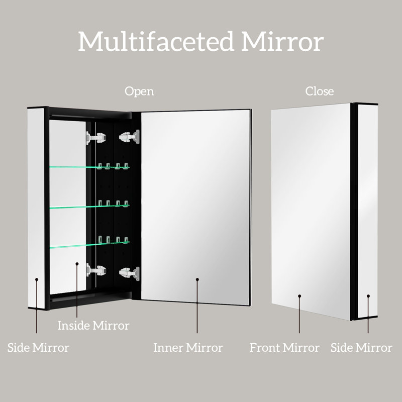 Armoire à pharmacie noire 20 po x 30 po avec miroir encastré ou en surface en alliage d'aluminium avec rangement