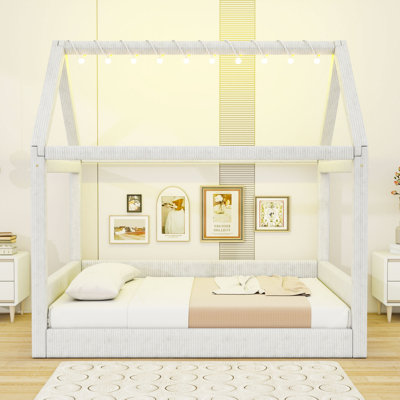 Full Size Upholstered House-Shaped Daybed with Touchable LED Lighting and Slats