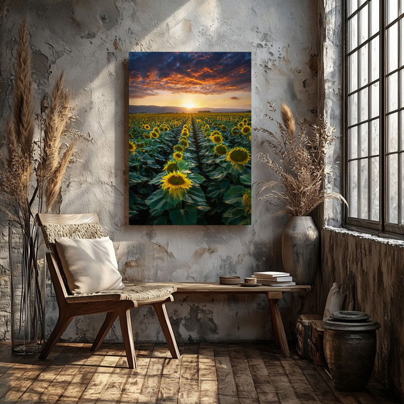 Toile, "Un vaste champ de tournesols s'étendant à l'horizon", H 40 po x l 30 po