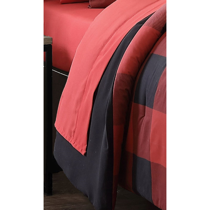 Ensemble d'édredon réversible tissu écossais Buffalo, Édredon simple + 4 pièces supplémentaires, Rouge / noir