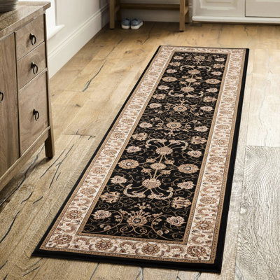 Classic Style Black And Machine-Made Runner Rug, 100% Polypropylene Pile, High Traffic Endurance Luxury Victorian With Polypropylene, Stain Proof