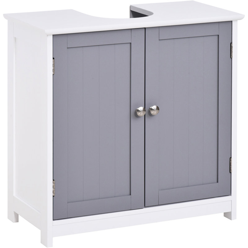 Armoire de rangement sous l'évier, avec cavité en forme de U. Blanc et gris. Offre un espace de rangement supplémentaire. Tablette réglable disponible. Fabrication robuste. 23,5 po x 11,52 po x 23,5 po. Peut contenir un meuble-lavabo de 22 lb