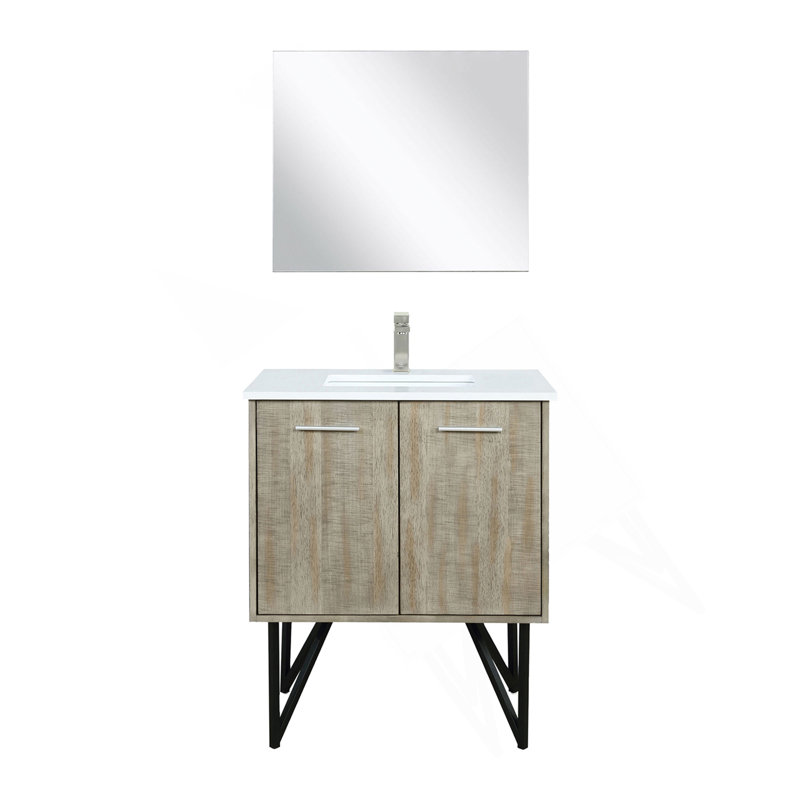 Meuble-lavabo rustique en acacia 30 po X P 20 po D, plateau en marbre de culture, ensemble de robinet en nickel brossé et Miroir