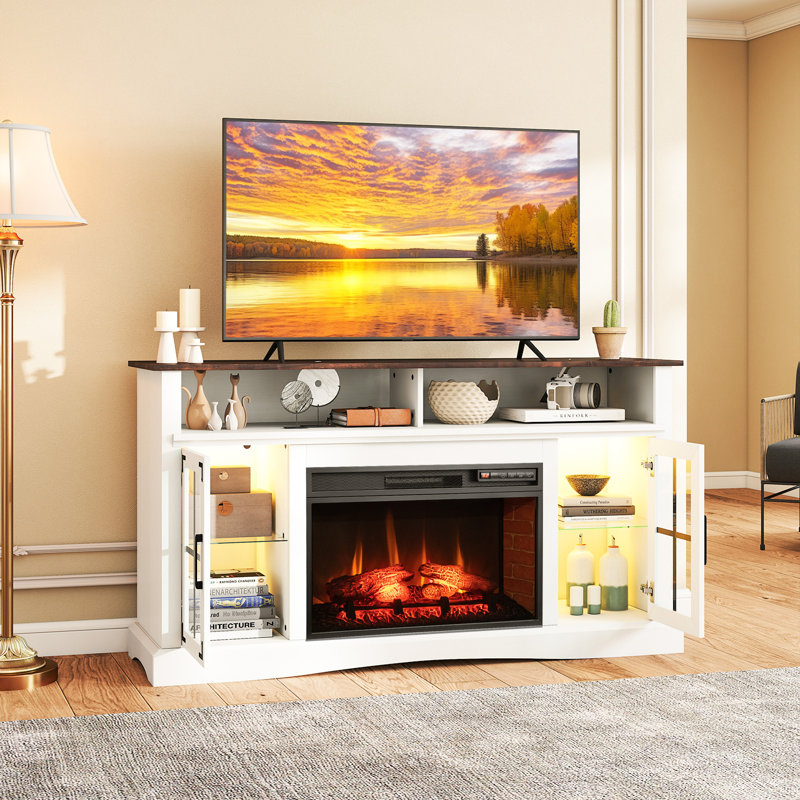 Meuble télé avec foyer et télécommandes et armoires de rangement pour thermostat , Blanc