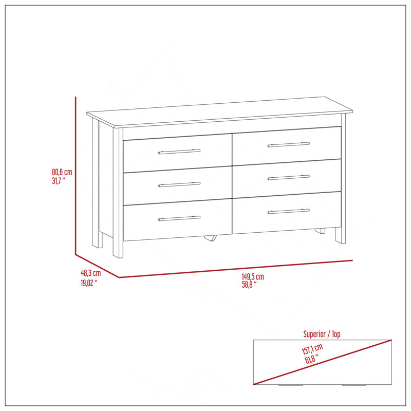 Commode double 6 tiroirs Hms, quatre pieds, plateau supérieur, Noir