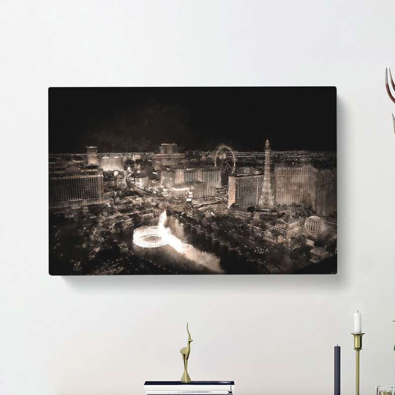 Las Vegas Skyline At Night - Wrapped Canvas Painting, 60cm H x 91cm W x 3cm D