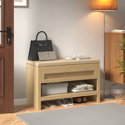 Banc à chaussures en rotin avec coussin et tiroir, support de rangement pour entrée de ferme - naturel