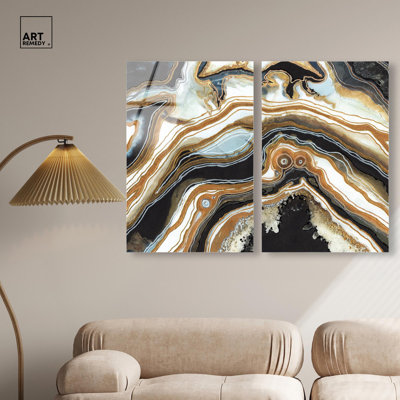 Ensemble de décorations murales abstraites en acrylique noir et or « Geode » par Art Remedy, prêt à  accrocher, 10 x 15