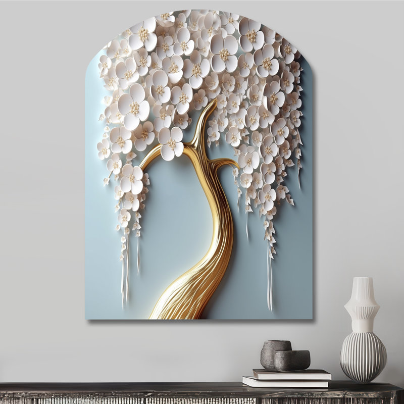 White Orchid Tree Garden Of Branches VI - Asymmetrical Tree Floral Metal Art, Arch Metal Wall Sculpture Print