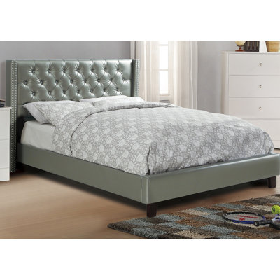 Full Size Bedroom Bed With Silver Faux Leather Upholstered Headboard And Legs For Decoration