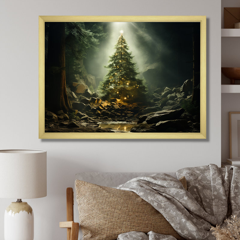 Arbre de Noël vert magique - décoration murale paysage d'hiver, Cadre doré à coins fermés, H 34 po x l 44 po x P 1,5 po