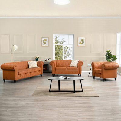 Ensemble de canapé Chesterfield 3 pièces en cuir Arlisa - canapé, fauteuil et causeuse capitonnée