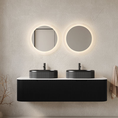 60" Bathroom Vanity&Sinks, Floating Curved Edges Striped Plywood Storage Cabinet With 2 Drawers, 2 Black Striped Oval Ceramic Basins&Carrara White Sintered Stone Top, Pre-Assembled, Black Color