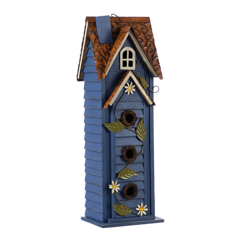 Oversized 3-Tiered Solid Wood Villa Birdhouse, 24.25"H-Blue, Blue