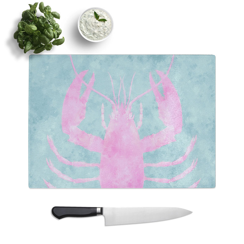 Tempered Glass Pink & Duck Egg Blue Lobster Art Chopping Board, 20 cm x 28.5 cm