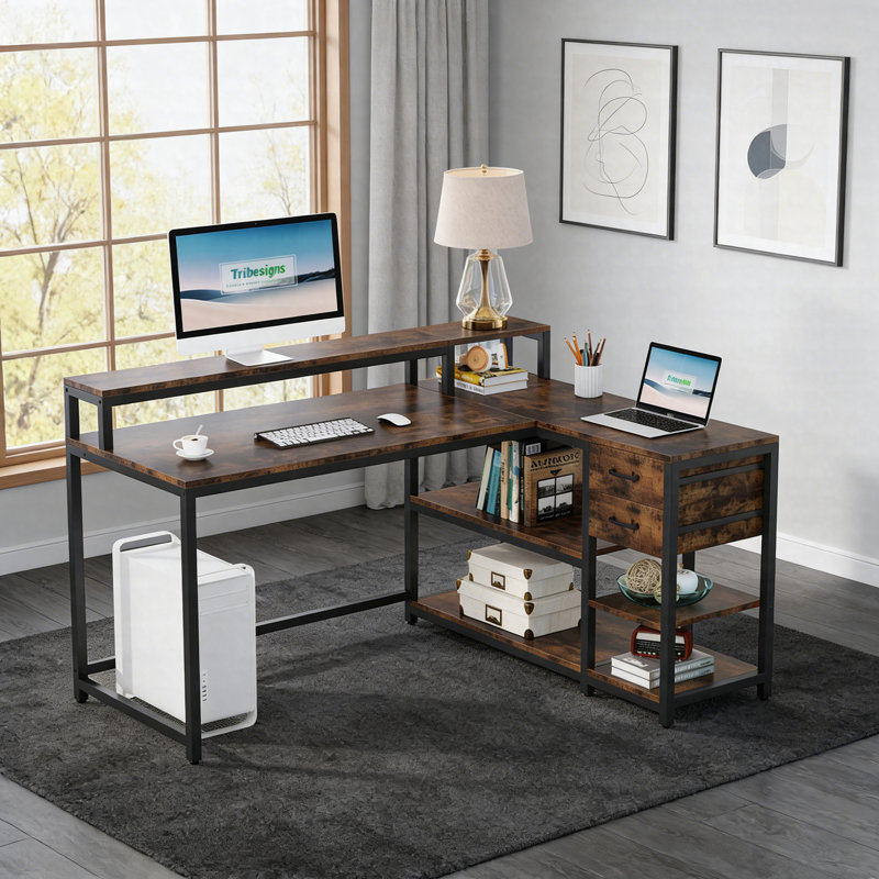 Reversible L-Shaped Desk – Industrial Corner Desk With Drawer & Shelves, Rustic Brown/Black
