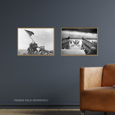 Normandy D-Day Landings Soldiers Raising Flag Iwo Jima & D-Day Jaws Of Death War USA 2-Piece Set Unframed Wall Art Prints Study Office Iconic Photo