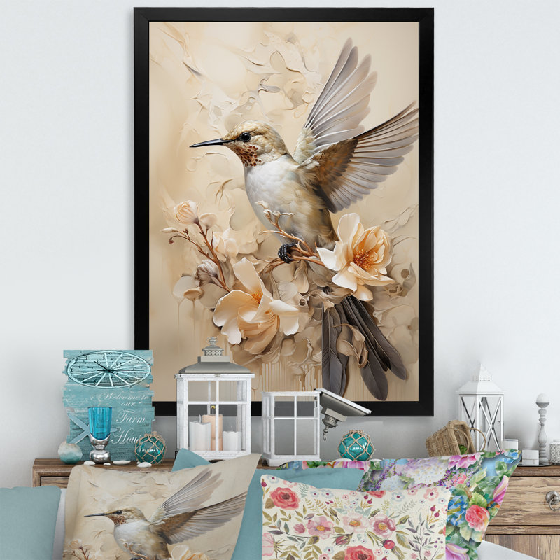Colibri floral flottant I - Art mural colibri pour le salon, H 40 po x l 30 po x P 1,5 po, Cadre simple noir
