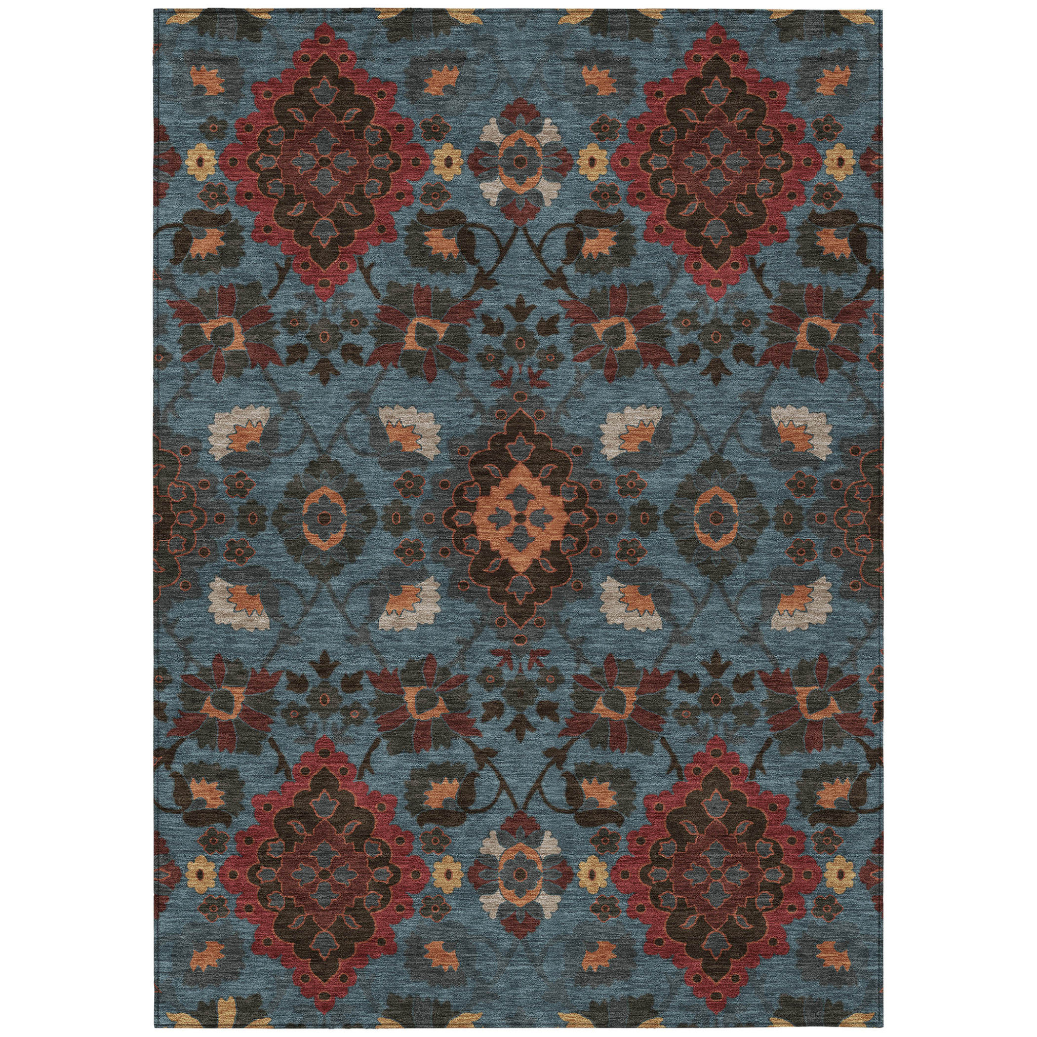 HomeRoots 5' X 8' Denim Blue Brick Red And Brown Oriental Washable ...