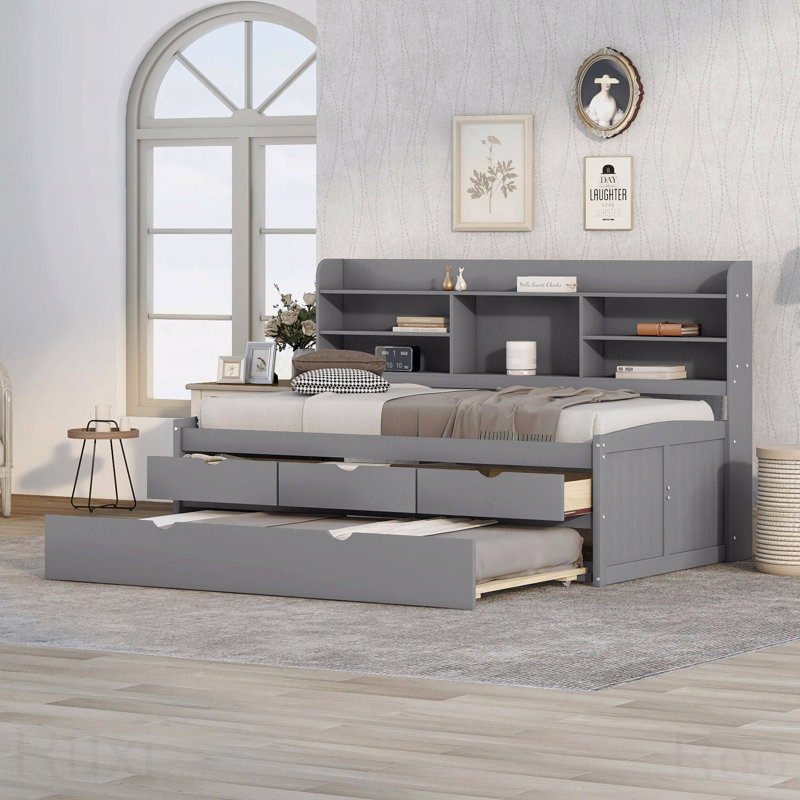 Twin Wooden Captain Bed Frame, Bookshelves, 3 Drawers, Trundle, Gray