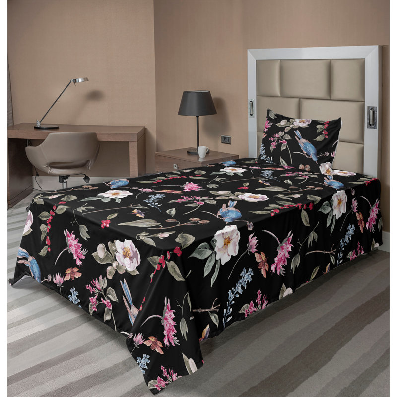 Ambesonne Birds and Nature Sheet Set Jungle Exotic Boho Charcoal Grey Blush, Twin Sheet Set with 1 Pillowcase