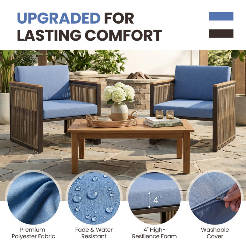 Metal Outdoor Patio 3-Seater Sofa With Cushions, 1 Piece, Blue