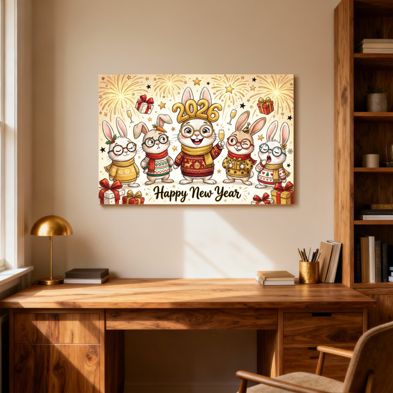 Animaux, bonne année, lapin, célébration 2026, H 28 po x l 40 po