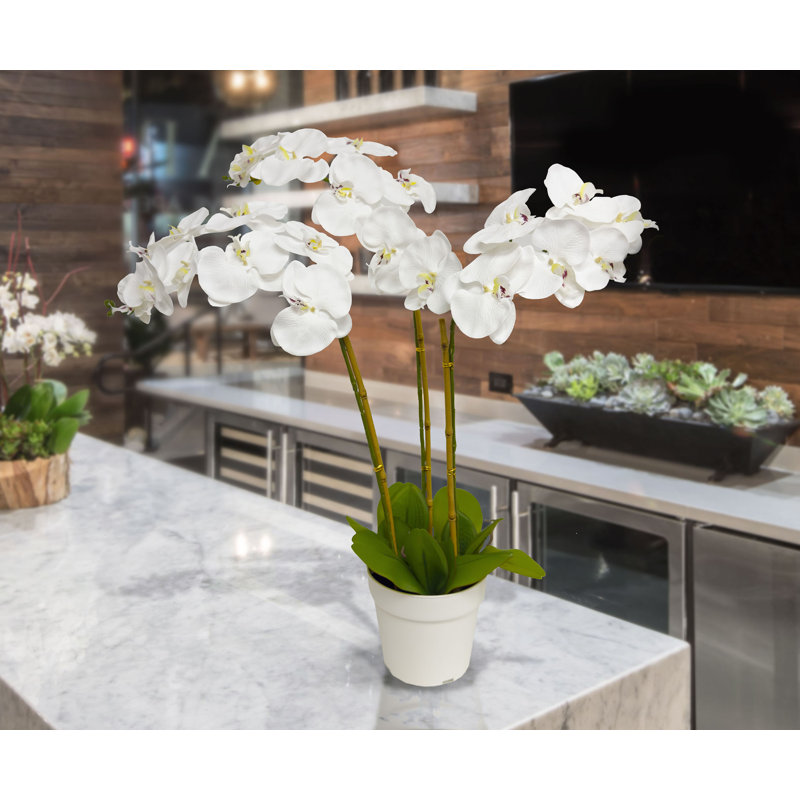 Algreen 29" Faux Triple Orchid in White Decorative Planter