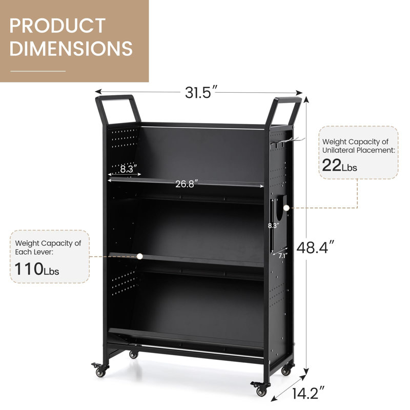Rolling Bookshelf Utility Cart With V-shaped Shelves