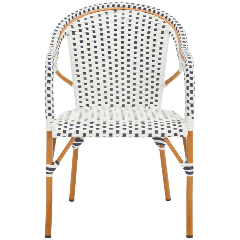 Pawel Wicker Premium All-Weather Wicker Outdoor Dining Armchair, White/Navy, Gold