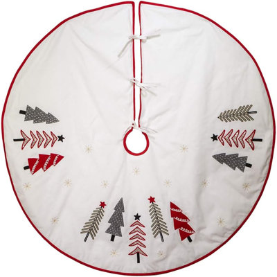 Kurt Adler Christmas Tree Skirt with Embroidered Tree Pattern Design, White, 50in
