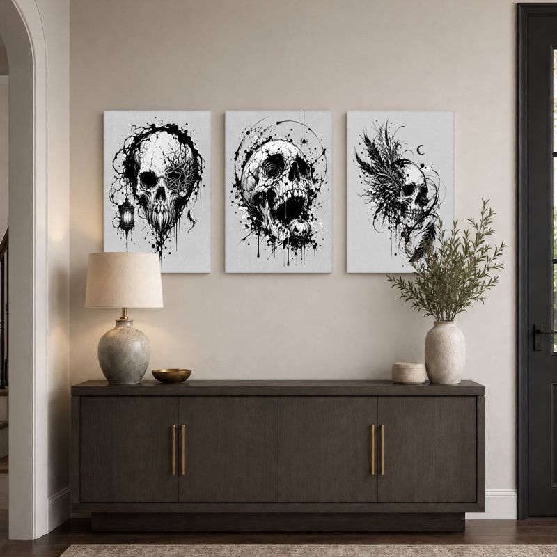Trois crânes avec éclaboussures d'encre et ensemble de 3 toiles d'Halloween, H 30 po x l 20 po x 3 pièces